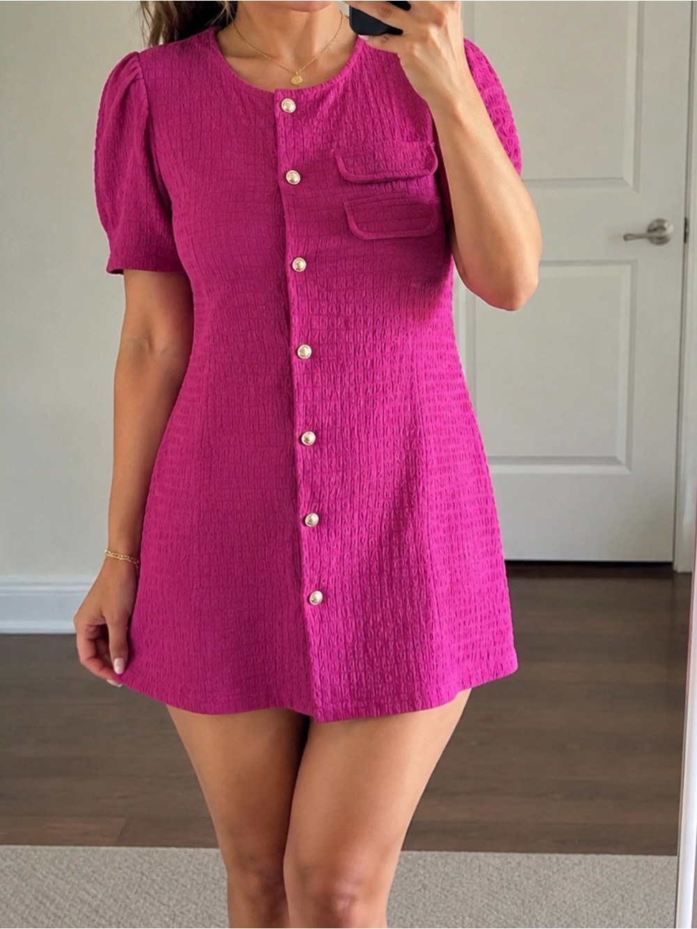 Fuchsia Textured Button-Front Mini Dress
